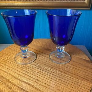 Glasses wine red or white goblets set of two blue with clear stem hand blown